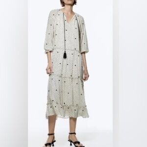 EUC - Zara Embroidered Dotted Midi Dress with Tassels